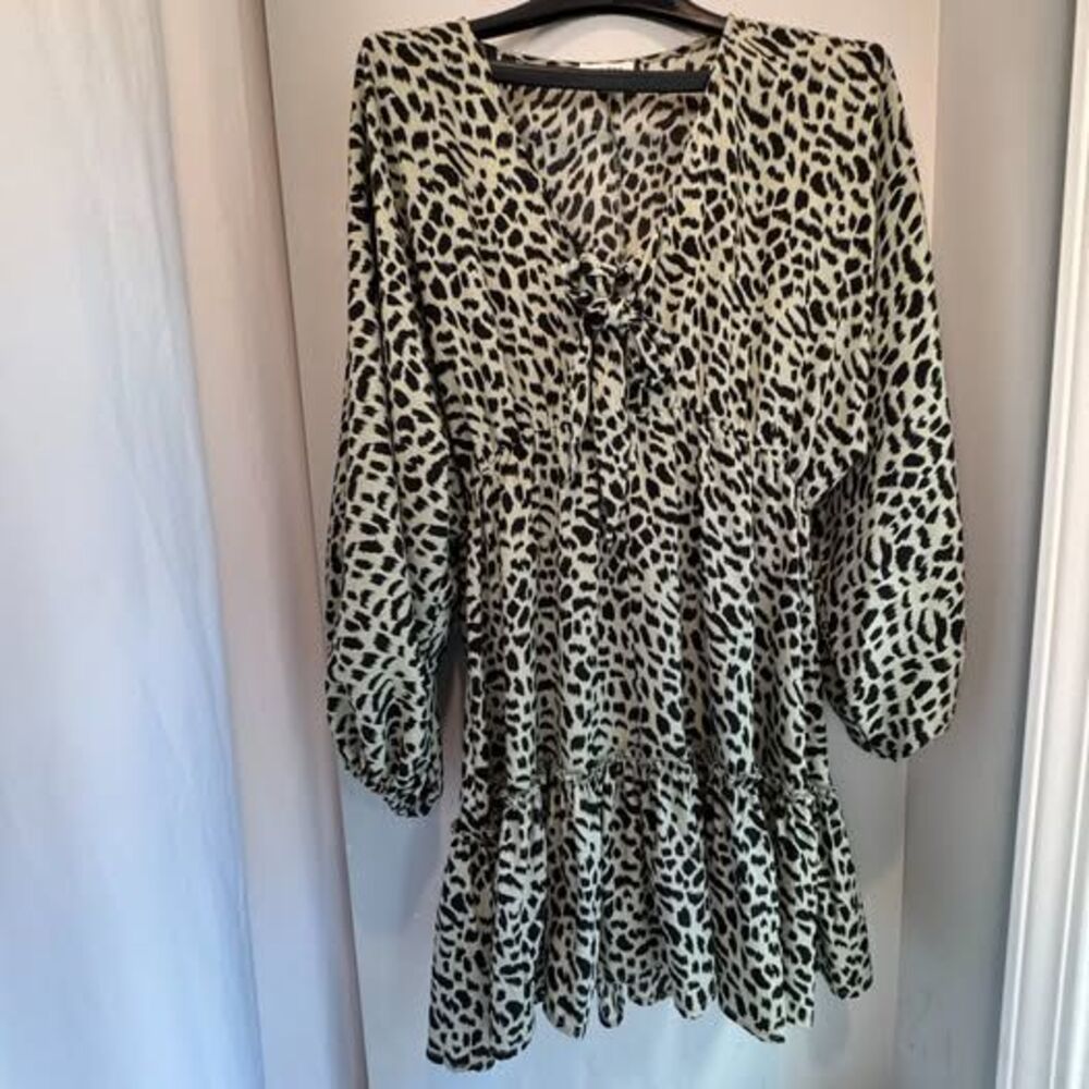 Umgee Green Black Leopard Print Mini Dress Ruffle Hem Boho Flowy M